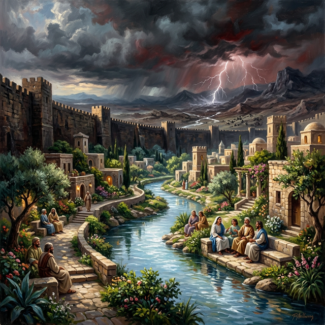 A quiet river flowing through a peaceful city while storms rage outside