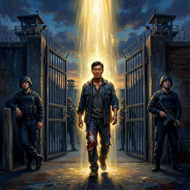 Brother Yun walking out of prison gates with divine light, guards blinded