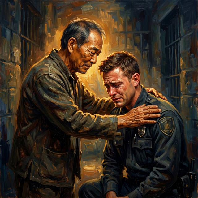 Brother Yun praying with hands on the shoulders of a prison guard