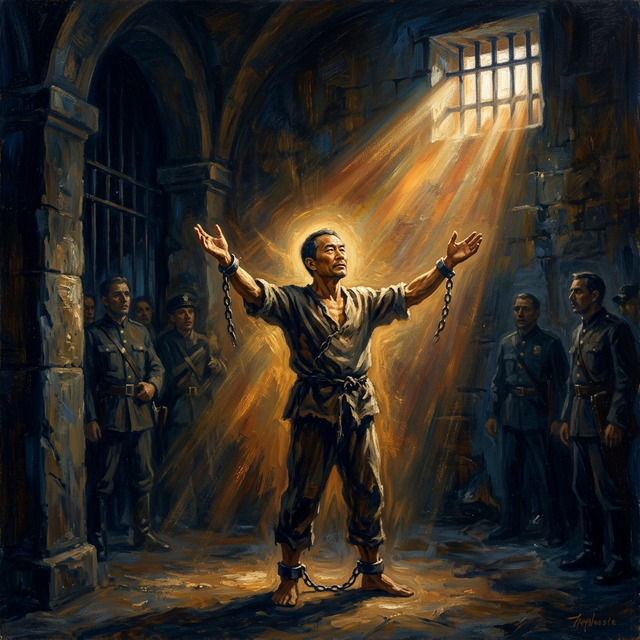 Brother Yun standing in prison with arms raised toward divine light