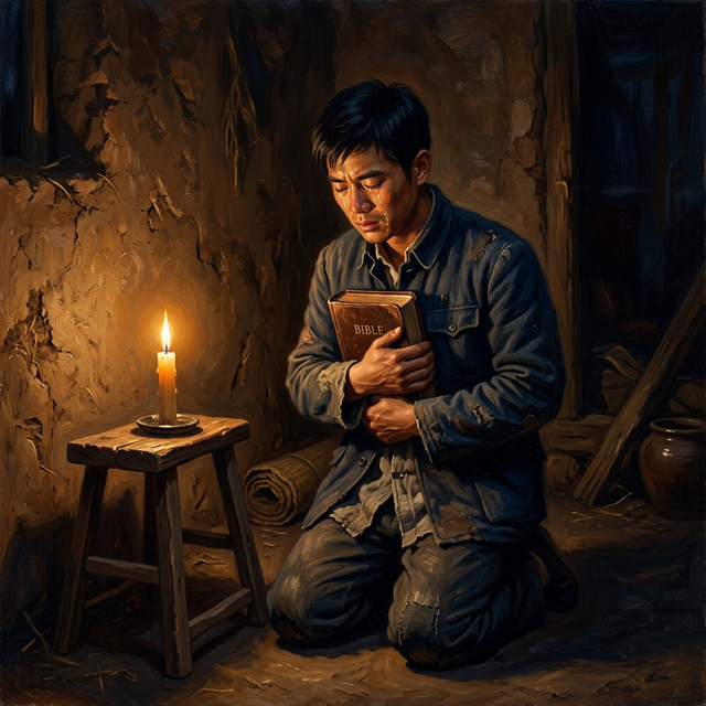 Young Brother Yun kneeling by candlelight holding a Bible