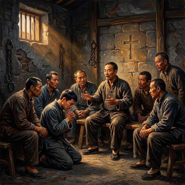 Brother Yun sharing the gospel with prisoners in a dark cell