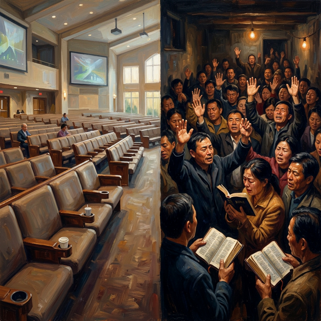 Split image: empty Western megachurch vs packed Chinese house church