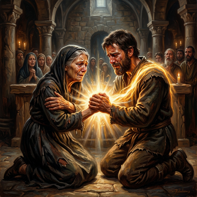 Two people clasping hands with supernatural golden light flowing between them in a church