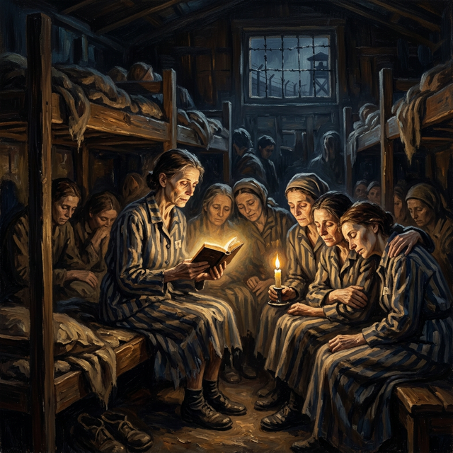 Women in Ravensbrück reading the Bible by candlelight