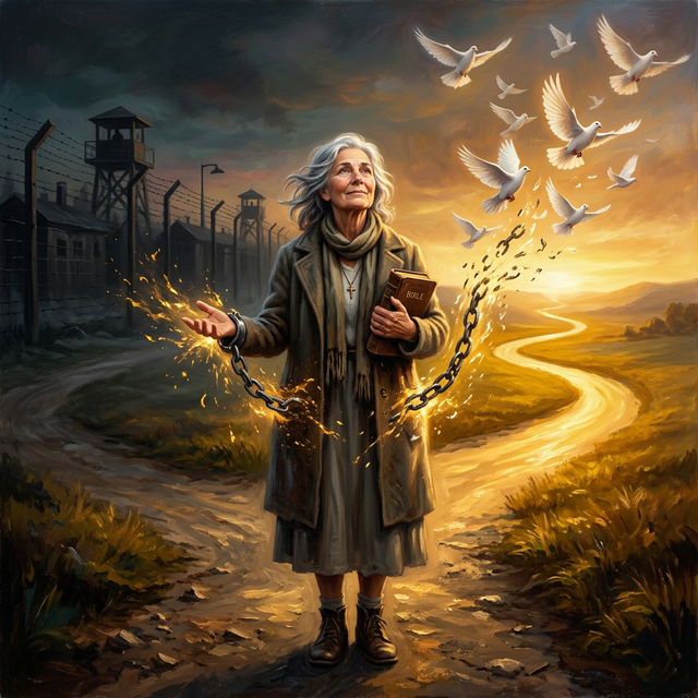 Older Corrie ten Boom with silver hair releasing chains that transform into doves