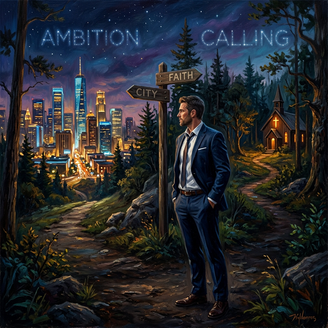 Businessman at crossroads between city and faith