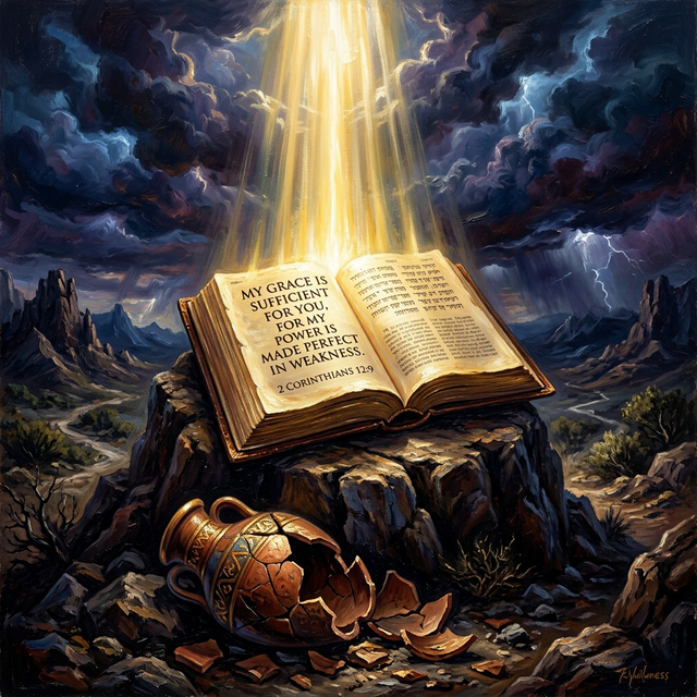 Bible on rock with divine light and broken clay vessel