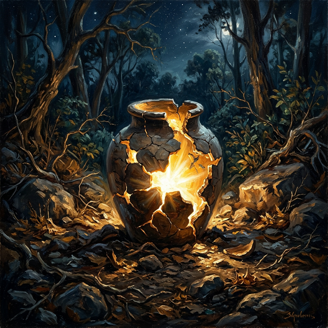 Cracked clay jar with divine light pouring through