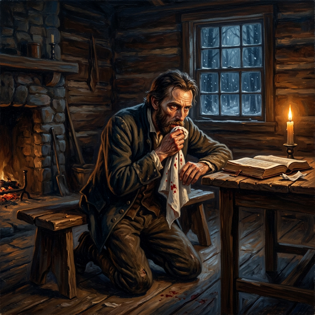 David Brainerd kneeling in cabin with tuberculosis, Bible open beside him