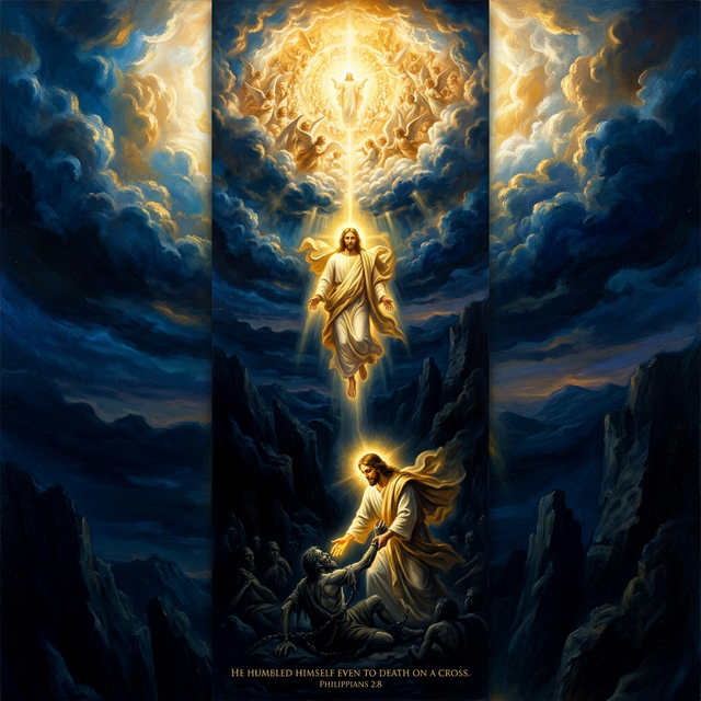 Christ descending through layers of darkness, hand reaching down into the abyss