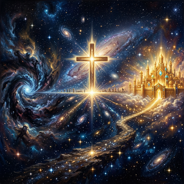 Cosmic timeline from nebula through the cross to a golden celestial city