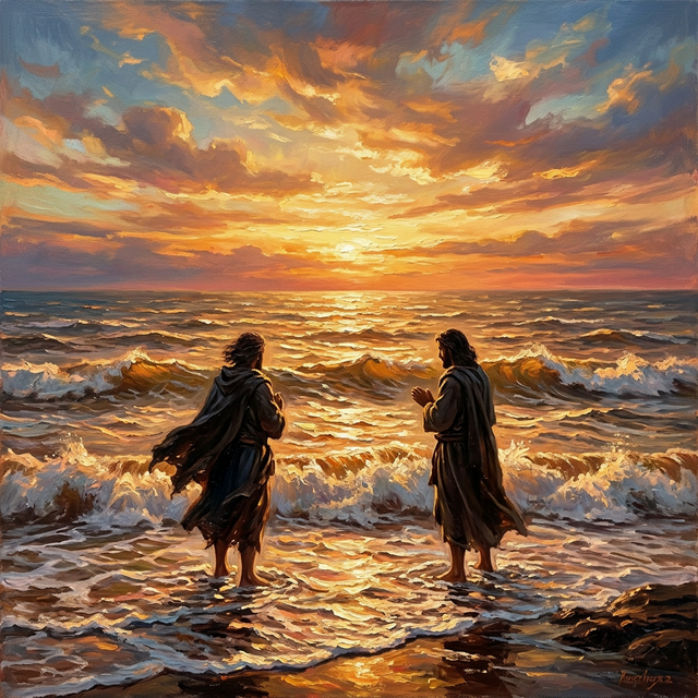 Figure standing in golden ocean shallows, infinite waves of mercy rolling in at sunset