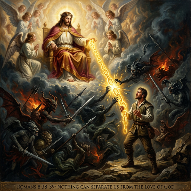 Golden chain of light connecting Christ to a believer, unbreakable under attack from dark forces