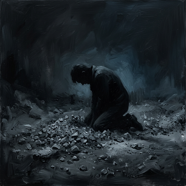 Rock bottom — figure cowering in ash and gravel