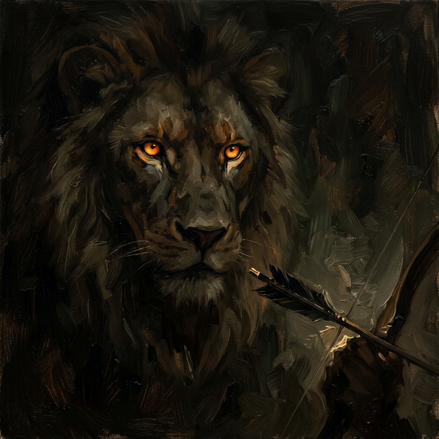 God as Predator — lion with burning amber eyes in darkness