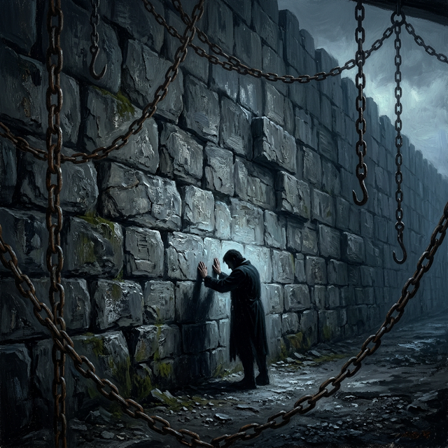 Walled in — figure pressing against stone wall with chains