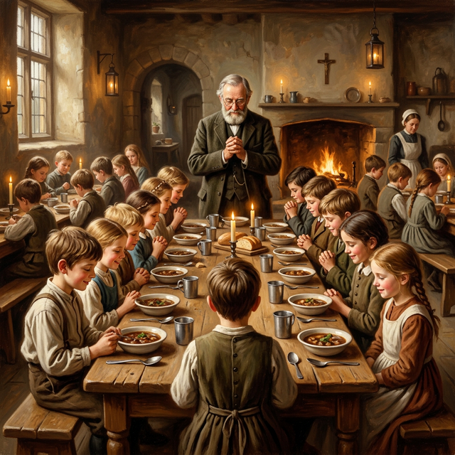 Orphans being blessed at a communal meal by George Müller