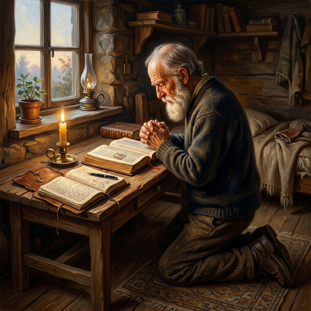 George Müller kneeling in prayer with Bible and journal