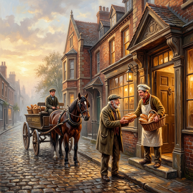 Baker delivering bread to the orphanage at dawn