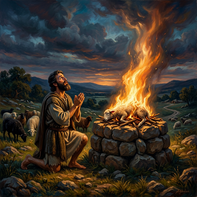 Abel kneeling beside a stone altar with divine fire accepting his offering