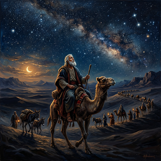 Abraham on a camel gazing at stars over a vast desert with his caravan behind