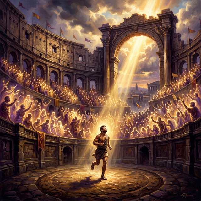 Massive ancient stadium filled with glowing witnesses cheering on a runner