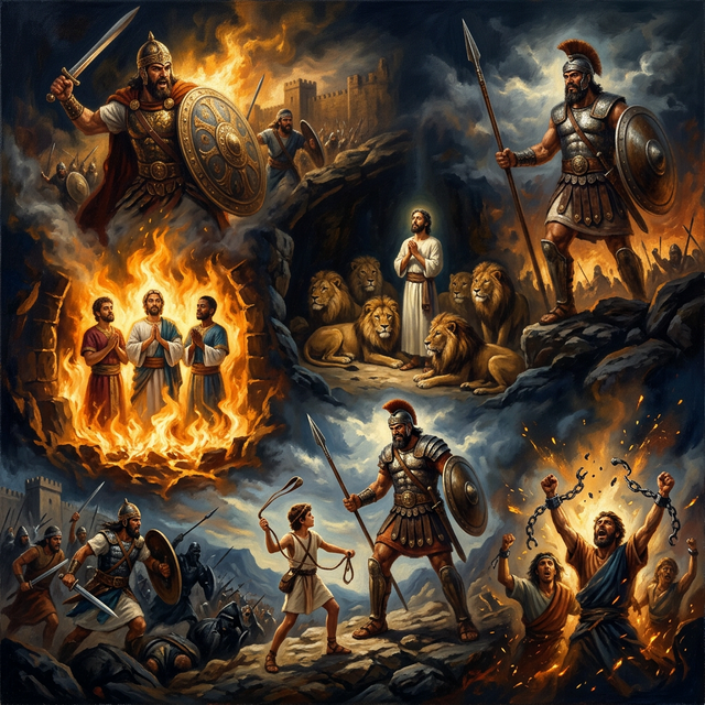 Epic montage of biblical heroes with lions, fire, chains, and warriors