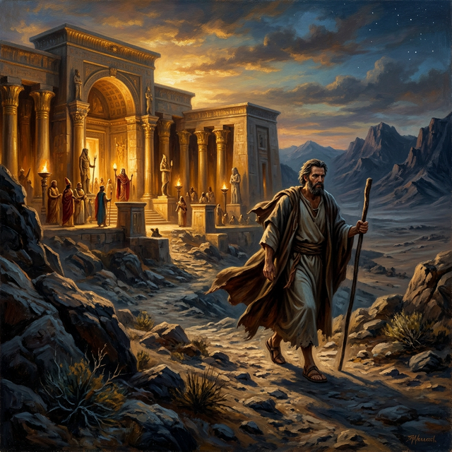 Moses turning his back on the Egyptian palace, walking toward the desert