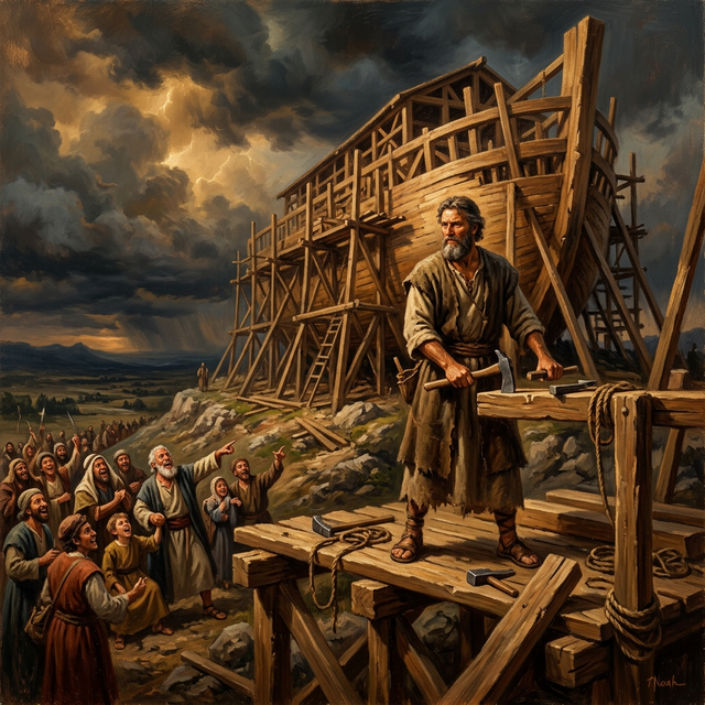 Noah building the massive ark while a mocking crowd points and laughs