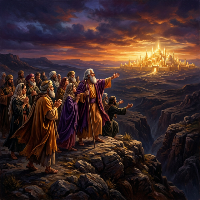 Ancient pilgrims on a hilltop gazing at a glowing city on the distant horizon