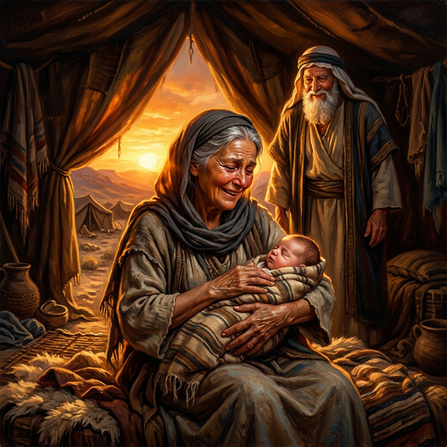 Elderly Sarah holding newborn baby Isaac with tears of joy