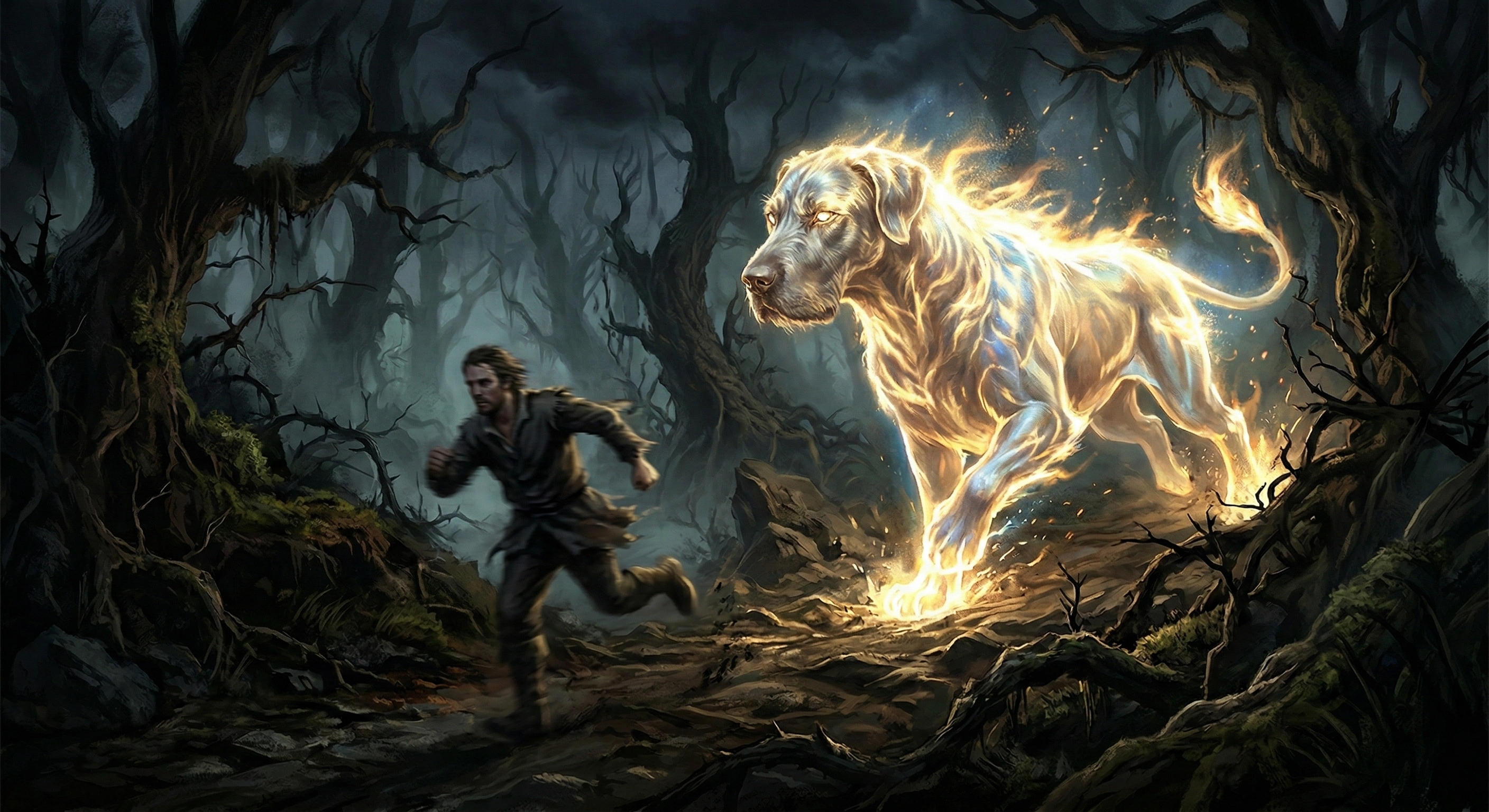The Hound of Heaven — a luminous figure pursuing through dark forest
