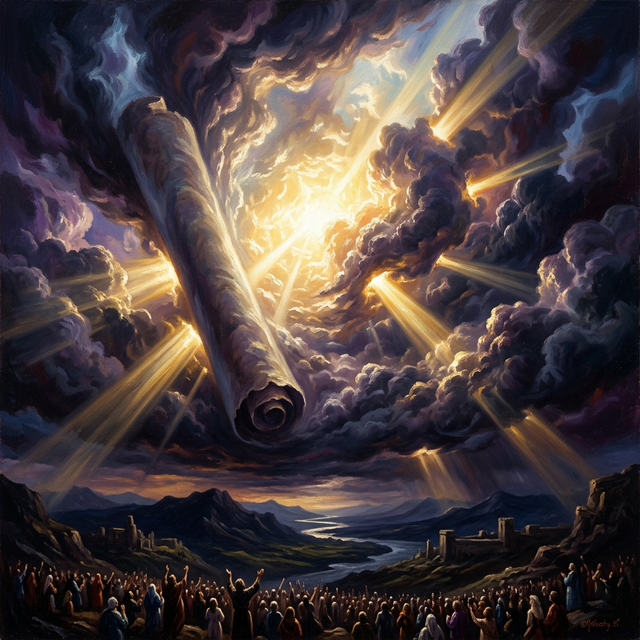Clouds rolling back like a scroll revealing brilliant light and glory