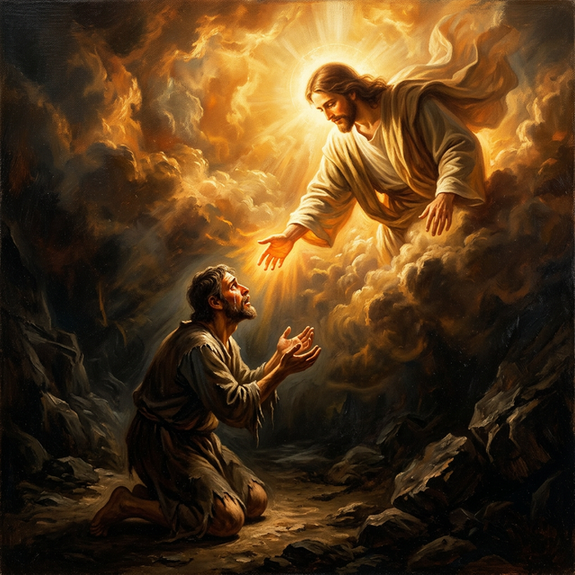 Christ reaching down to a broken kneeling figure