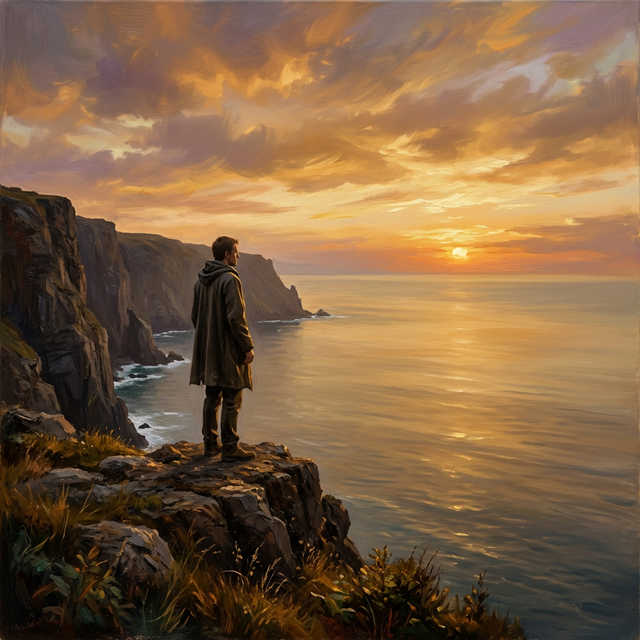 A figure standing peacefully on a sea cliff at golden hour