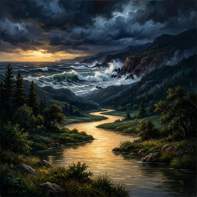 A calm golden river flowing through a stormy landscape
