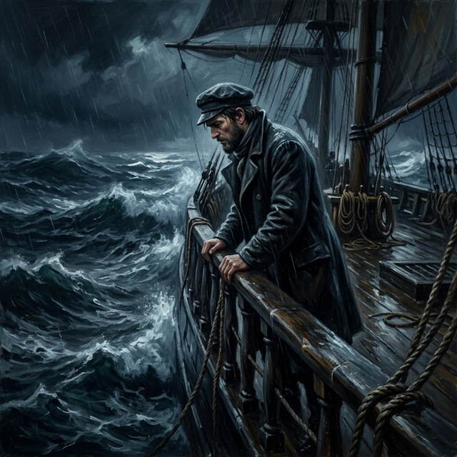 Spafford standing at ship railing on stormy Atlantic seas