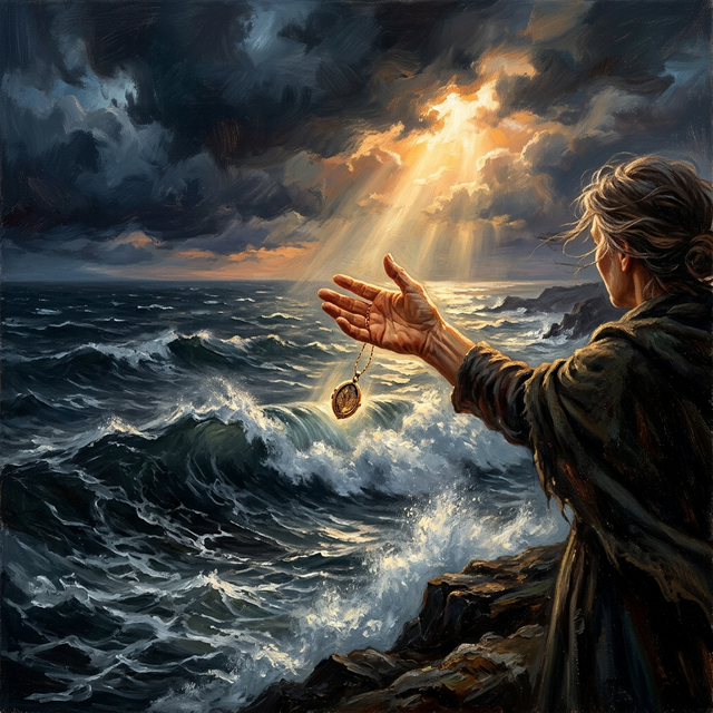 A hand releasing something precious into a vast ocean