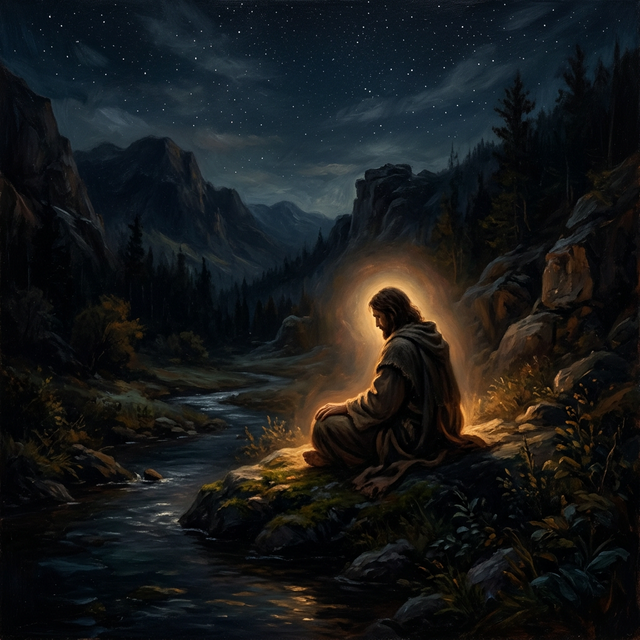 A figure sitting in stillness in a dark valley, surrounded by gentle warm light