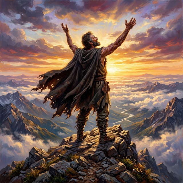 Man on mountain summit at dawn, arms raised in joy, scars visible