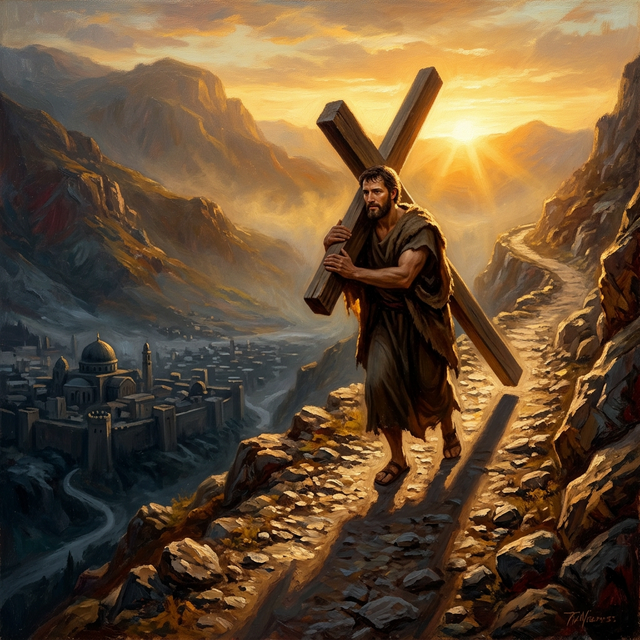 Man carrying cross up a steep road at dawn