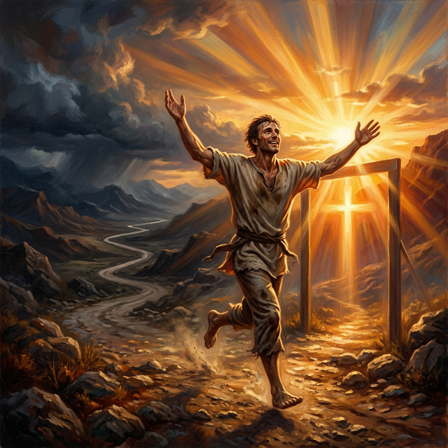 Runner crossing a finish line at sunrise with arms raised