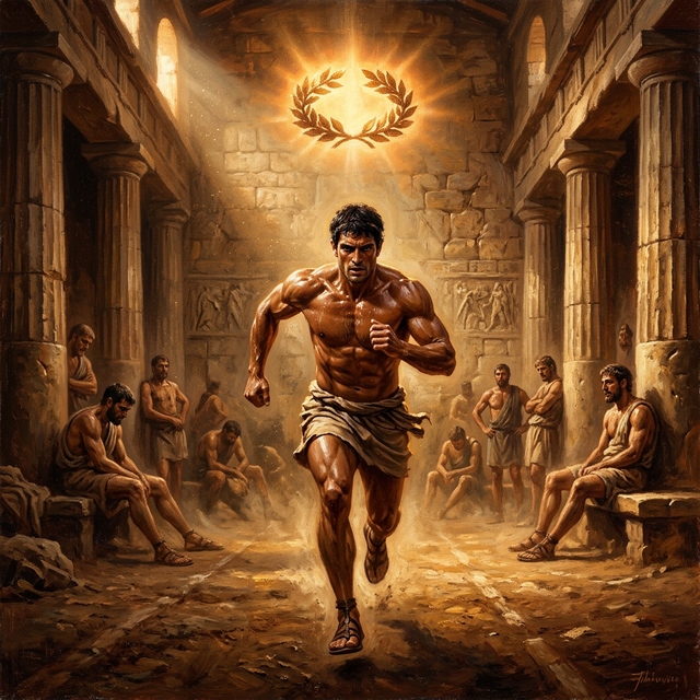 Ancient athlete training in a stone gymnasium