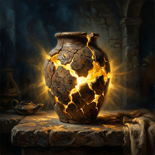 Cracked clay vessel with golden light streaming through