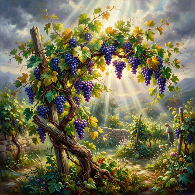 A grapevine bursting with fruit — Spirit-wind blowing through leaves