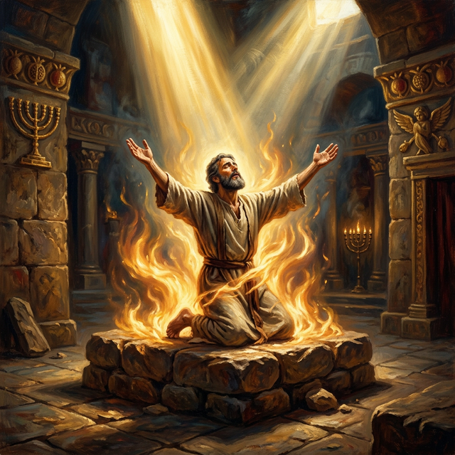 A person kneeling on a stone altar, surrounded by gentle fire