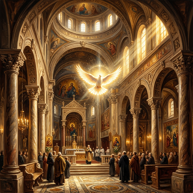 A radiant temple interior — the Holy Spirit dwelling within