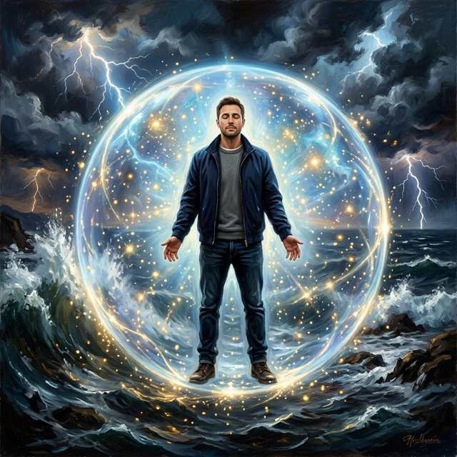 Radiant supernatural peace surrounding a person in golden light