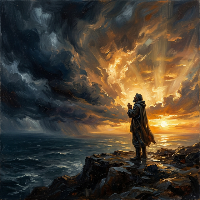 Dawn breaking through storm clouds with golden light